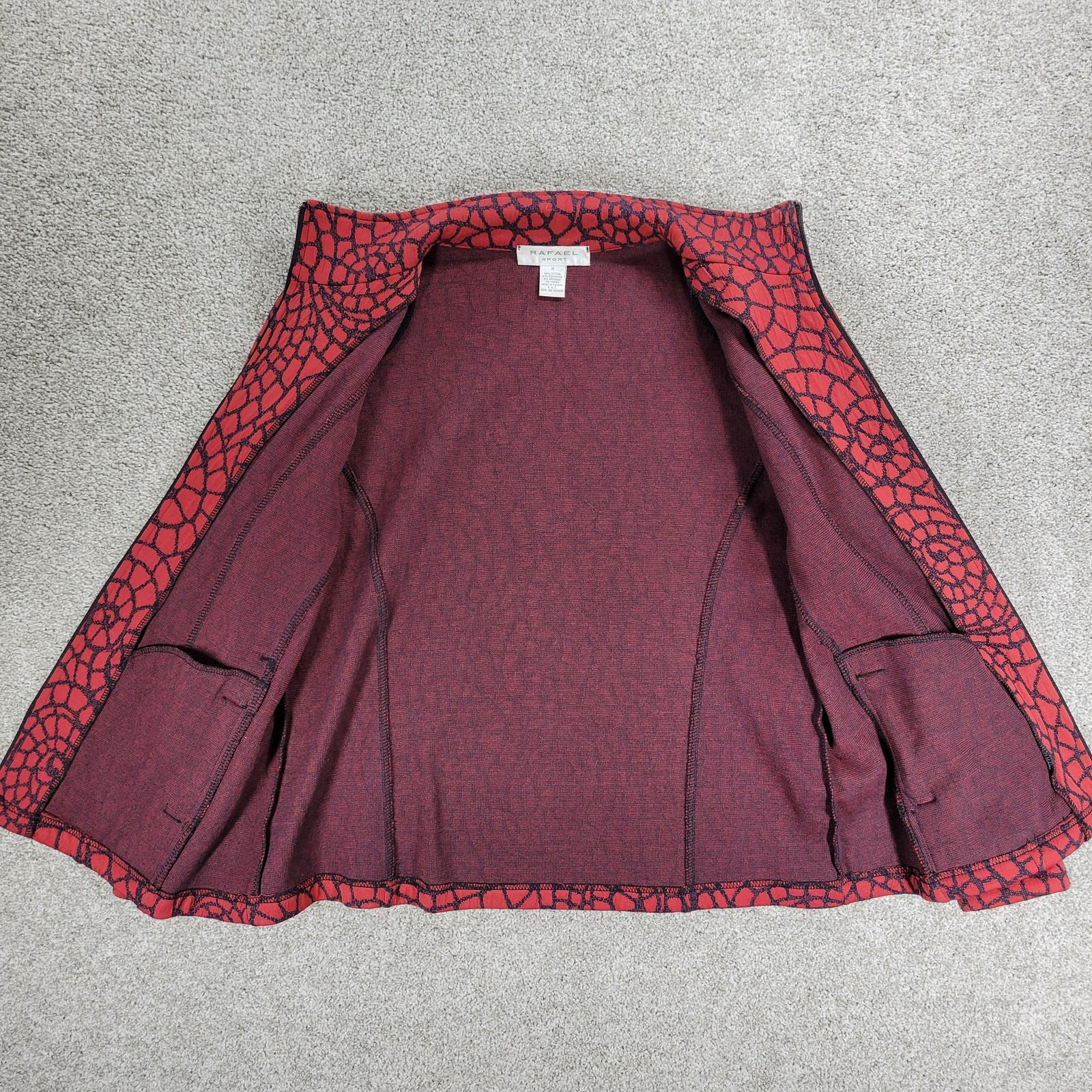 Vintage Rafael Sport Jacket Womens M Red Black Printed Zip Up High Neck Pockets