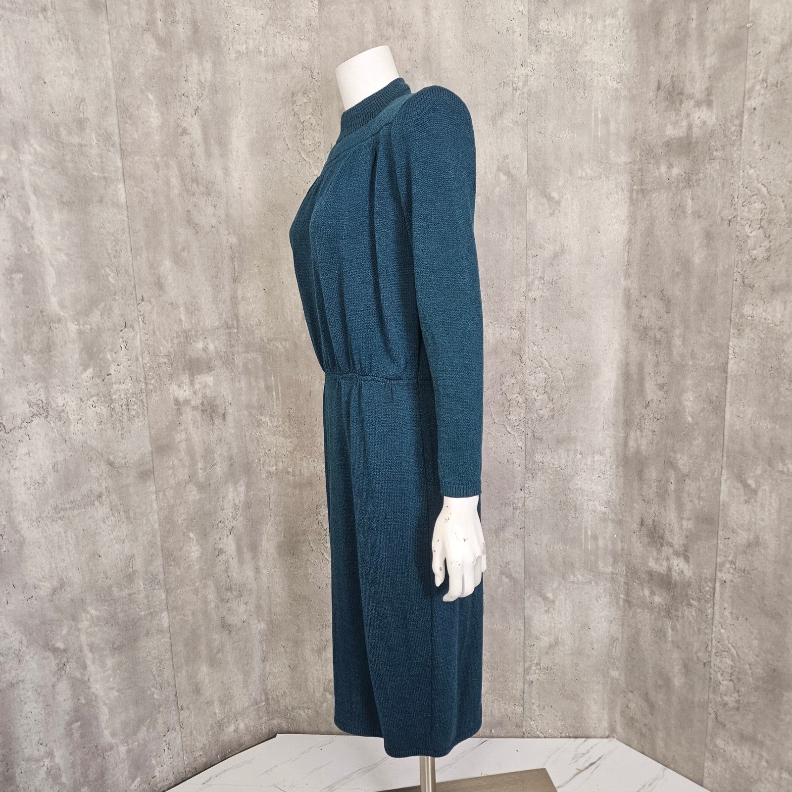 Vintage St John Marie Gray Knit Dress Teal Green Mock Neck 80s 90s FLAWED AS IS