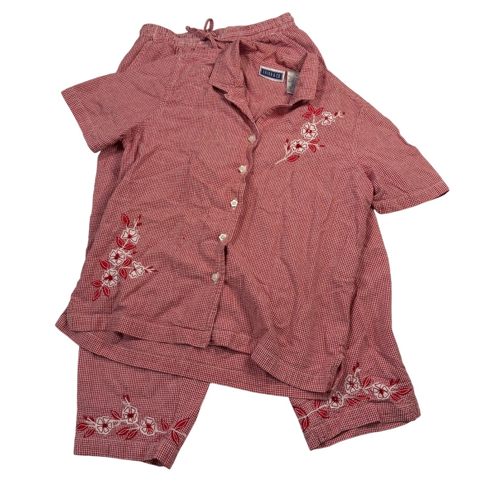 VTG Erika & Co Outfit Set Red Gingham Floral Embroidered Short Sleeve Medium