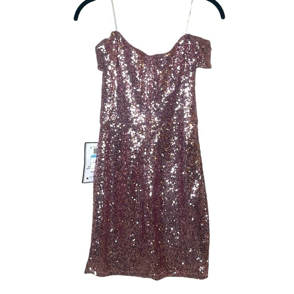 B DARLIN Vintage Pink Off the Shoulder Sequin Body Con Dress