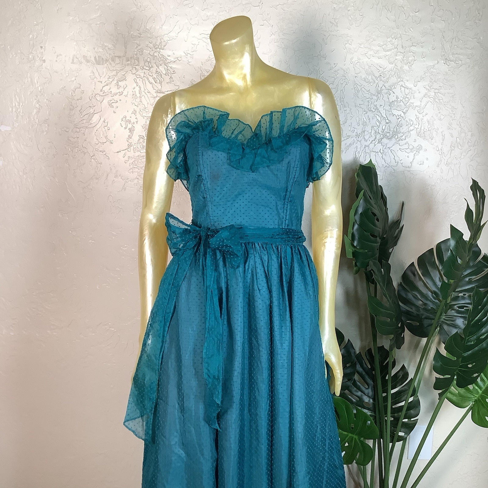 Vtg 1980s Gunne Sax Teal Swiss Dot Strapless Tea Length Semi-Formal Dress