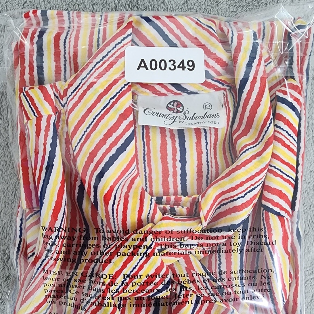 Vintage Country Suburbans Top Womens M Red Yellow Blue Striped Tie Neck Preppy