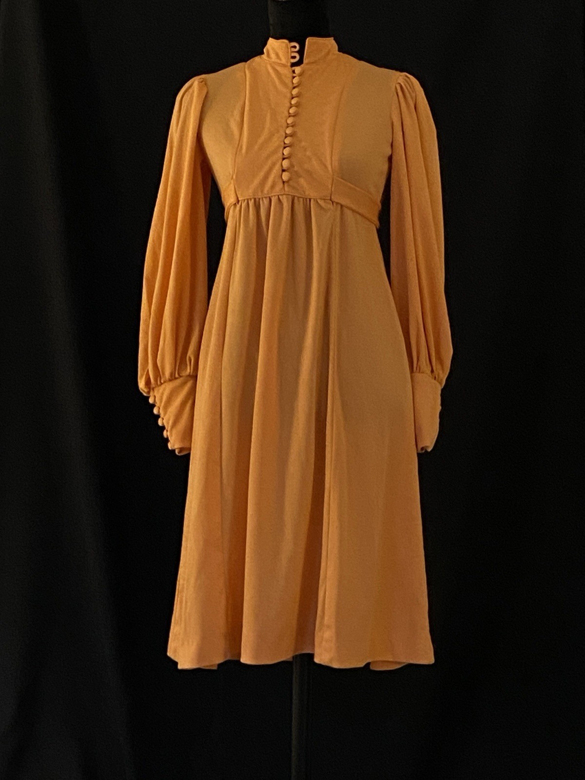 VINTAGE HANDMADE 1970s Orange Empire Waist Midi Dress Sz Small