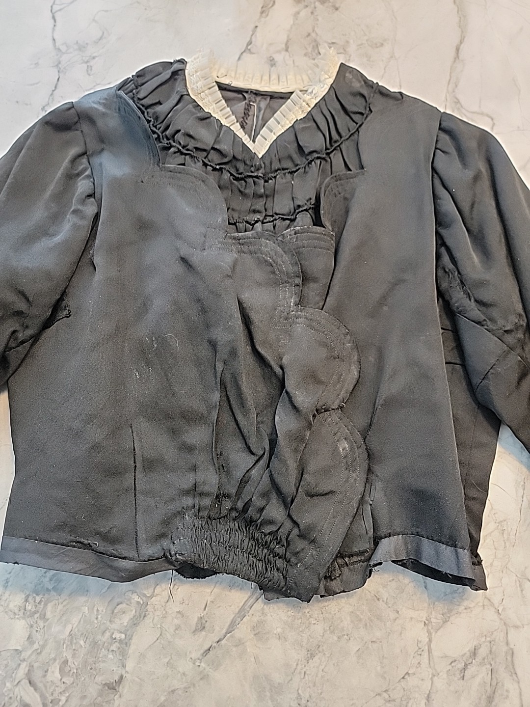 C 1870’S BLACK SILK SATIN BODICE W HANDMADE LACE EDGING Edwardian Victorian OG