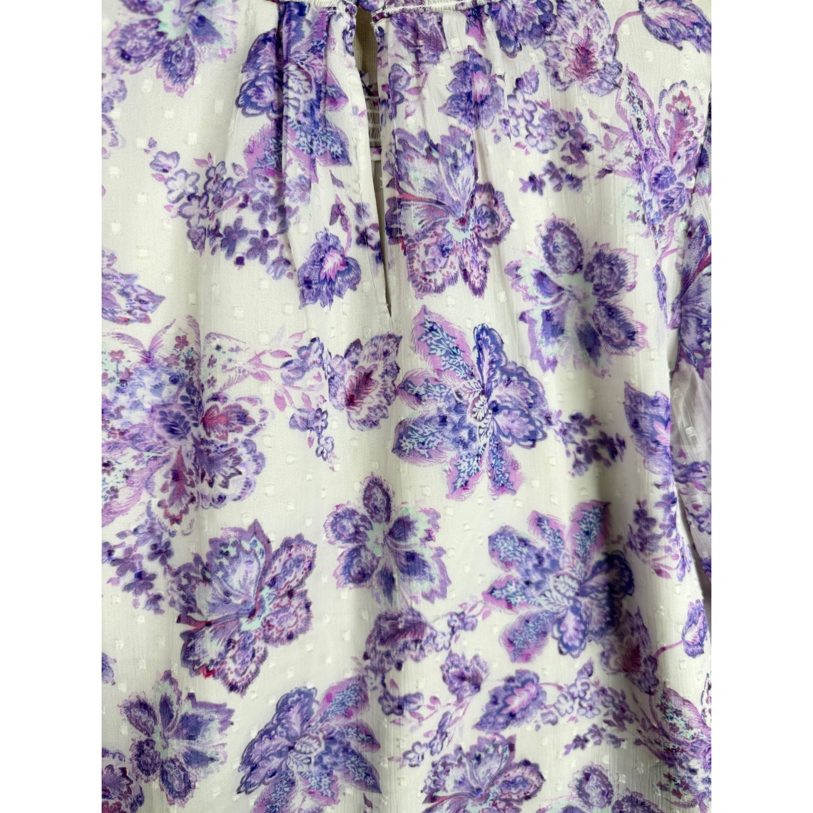 Loft Floral Clip Puff Long Sleeve Blouse size Small White/Purple