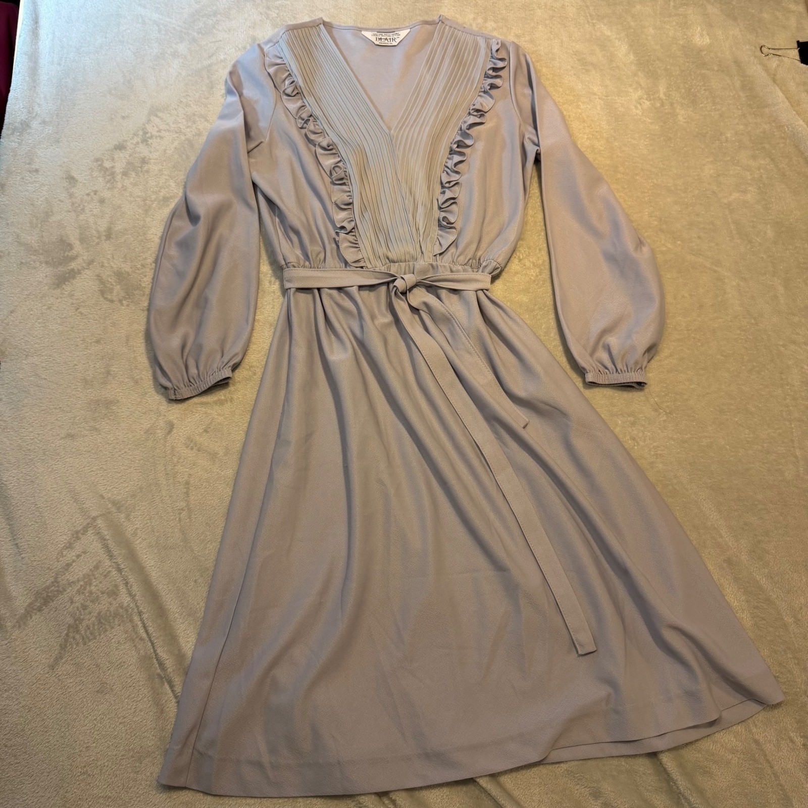 Vintage Belair Lavender Grey Pleated Ruffle V-Neck Bishop Sleeve Midi Dress 70s