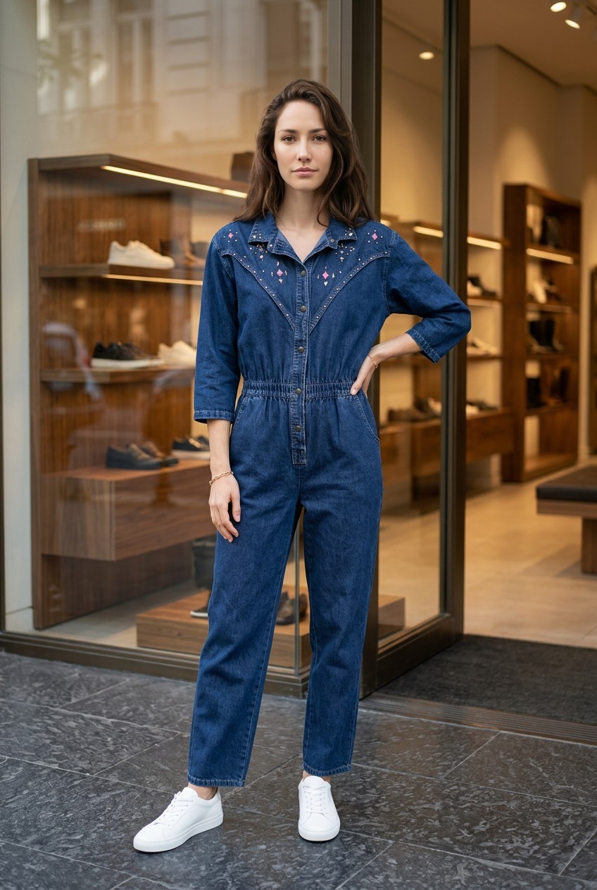 Vtg 1980s Dreams Dark Wash Denim Western Jumpsuit Rhinestone & Stud Accents L