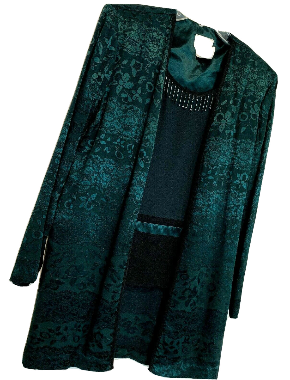 VTG Nina Piccalino Jacket w/ Attach Tank Top Black Green Jacquard USA Made Sz 8