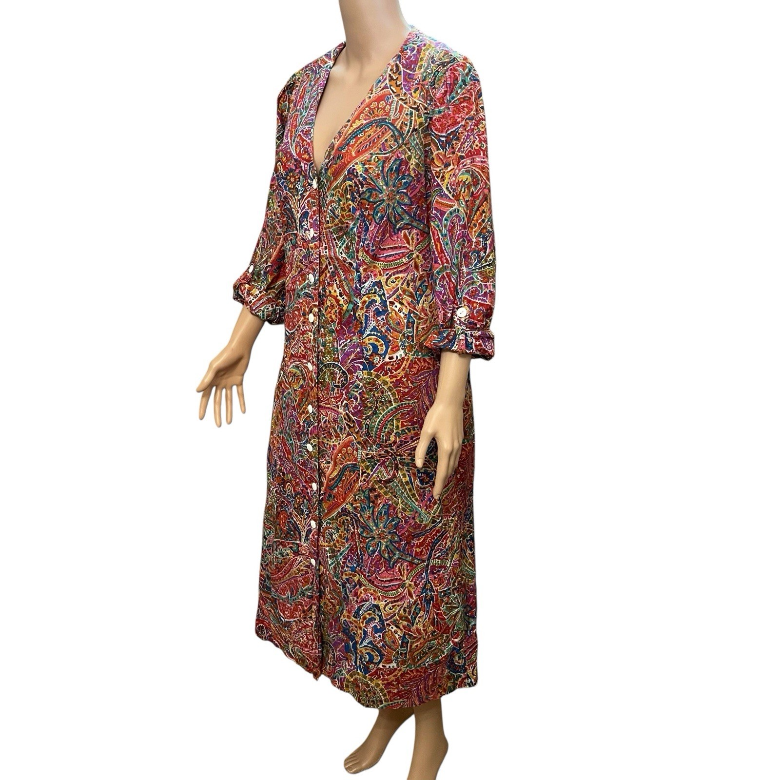 70s VTG Paisley Midi Shirt Dress Large Colorful Retro Psychedelic Hippie