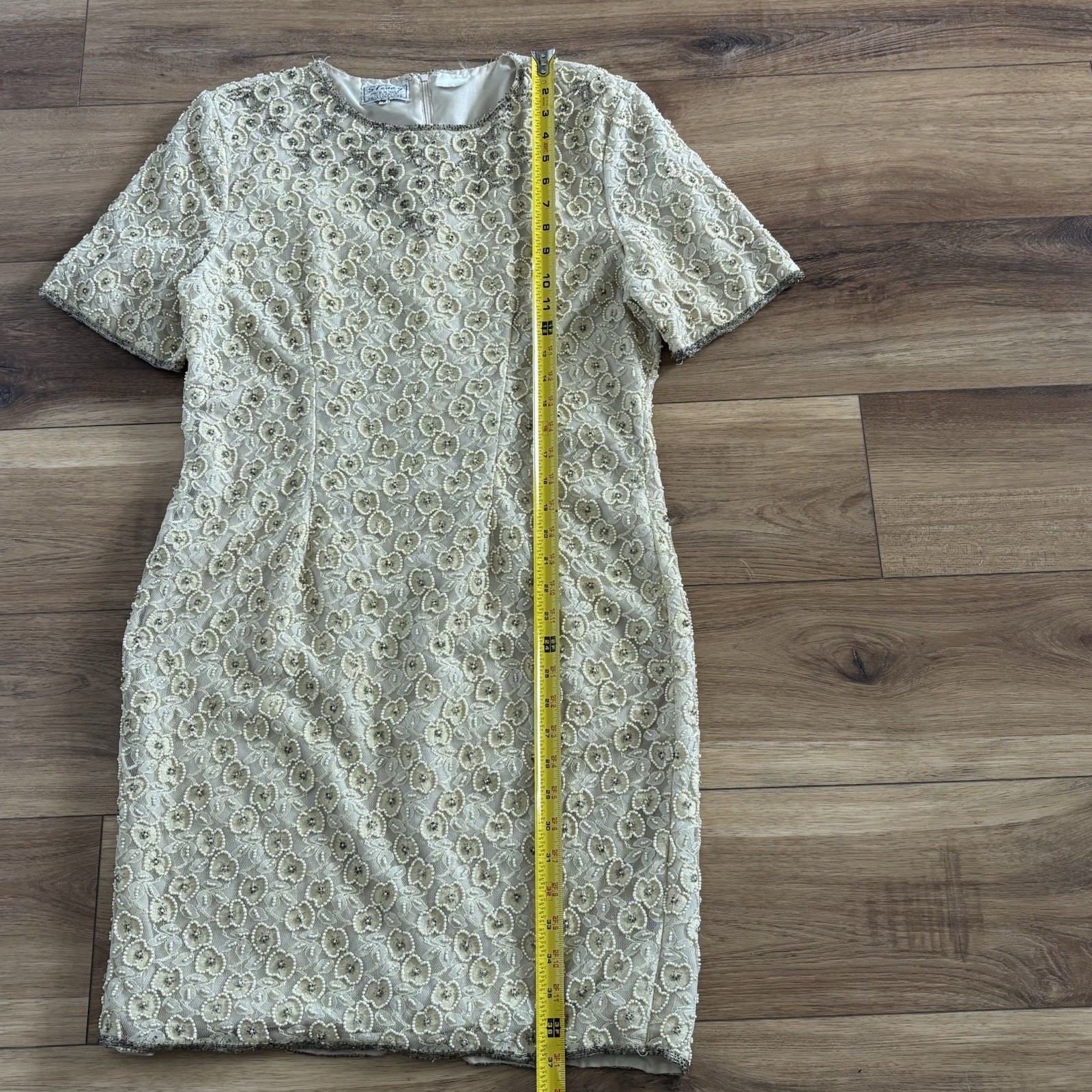 Vtg Women’s Stenay Cream Black Glass Beaded Lace Cocktail Formal Shift Dress 8
