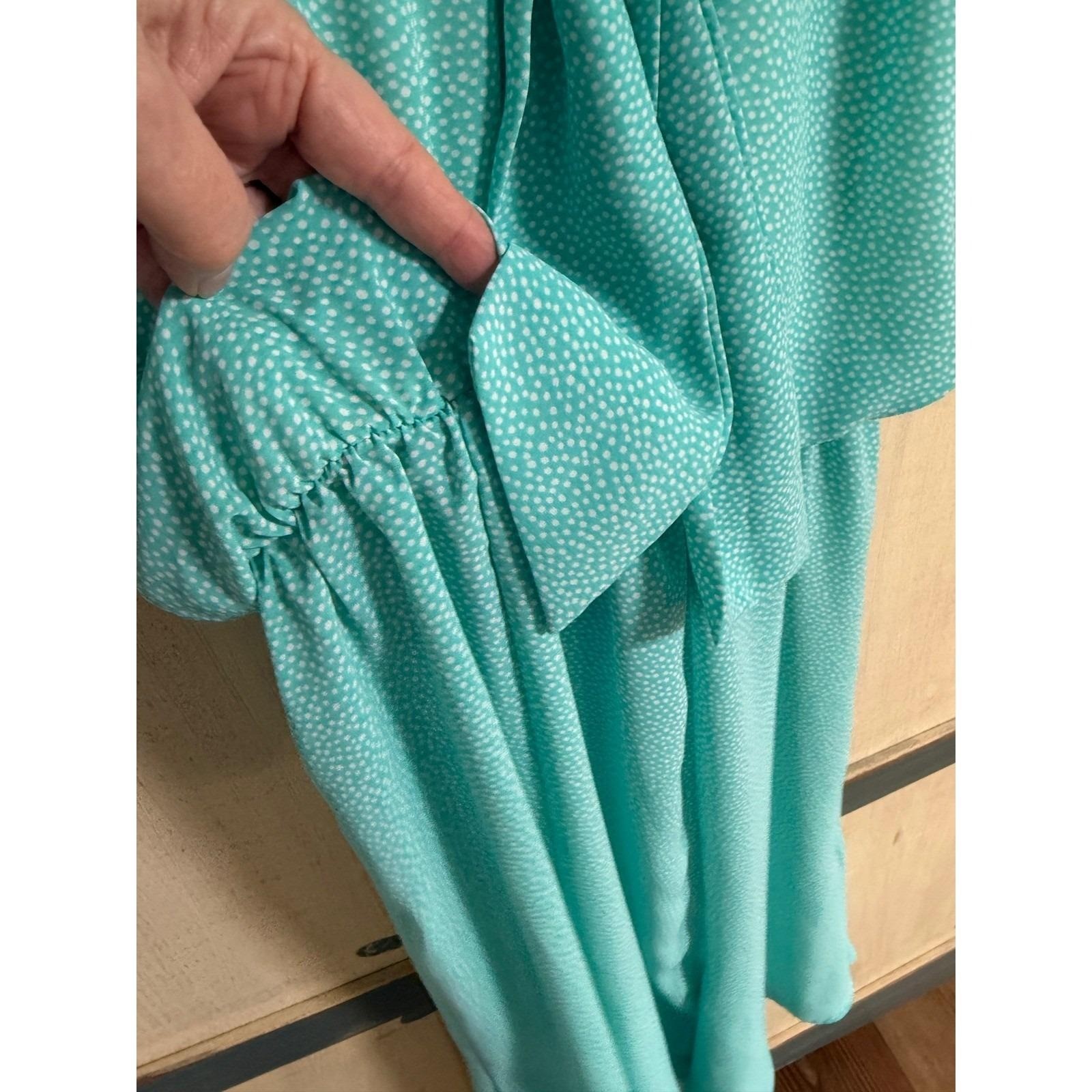 JT Petites Vintage 80s Polka Dot Midi Dress Aqua Blue Flutter Sleeve Size 8 USA