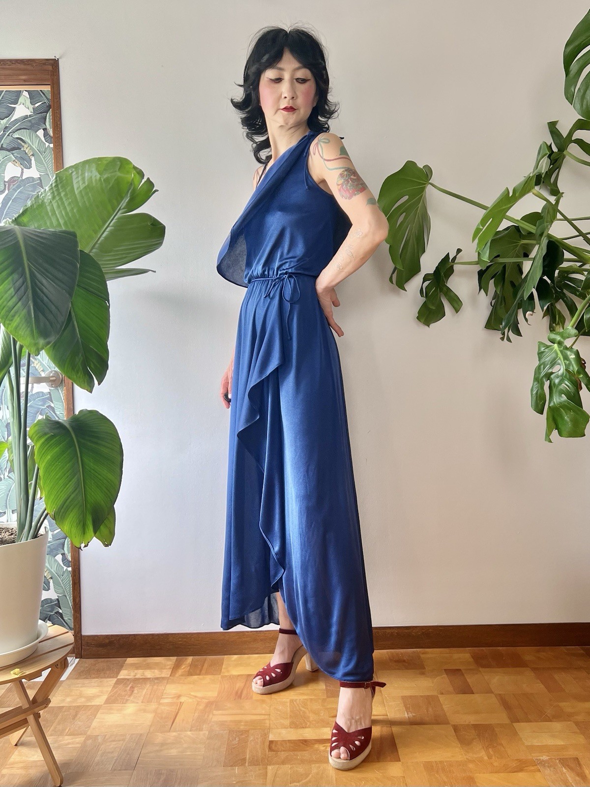 VTG 70s Disco Maxi Dress Airbrush Paint One Shoulder Gown S/M Studio 54 Dress
