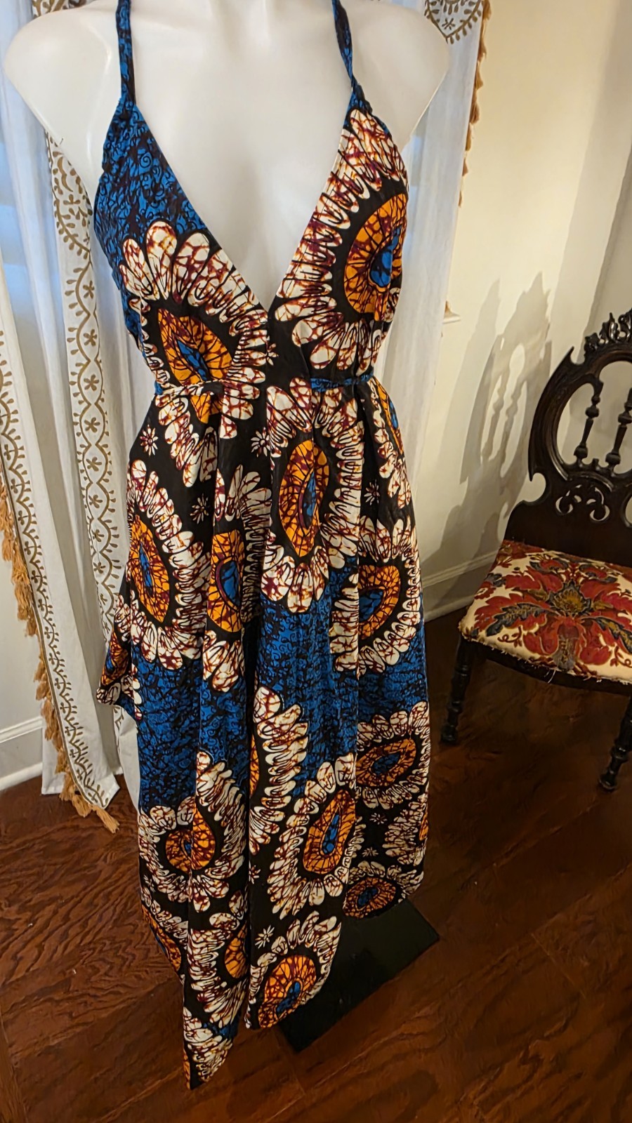 Handmade African Bombchel Multicolor Print Halter Maxi Dress Black Blue OS