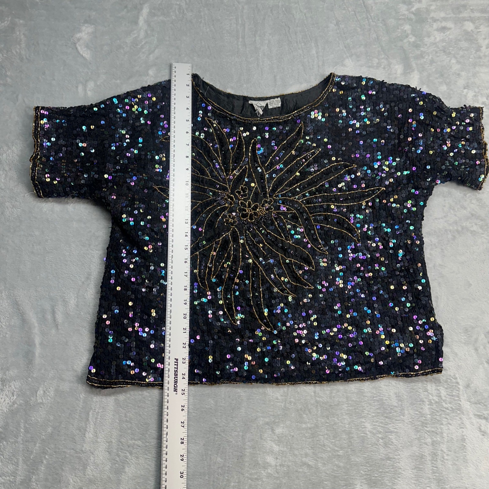 Cotton Castle Vintage Silk Sequin Beaded Top Black Iridescent Floral Sunburst XL