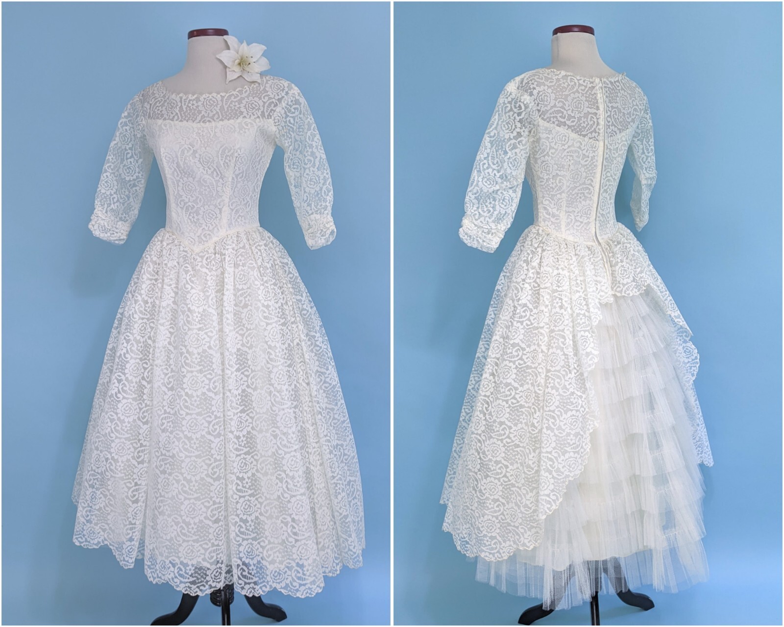 Vintage 1950s 50s Mint Condition Lace and Tulle Ivory Long Sleeve Wedding Dress