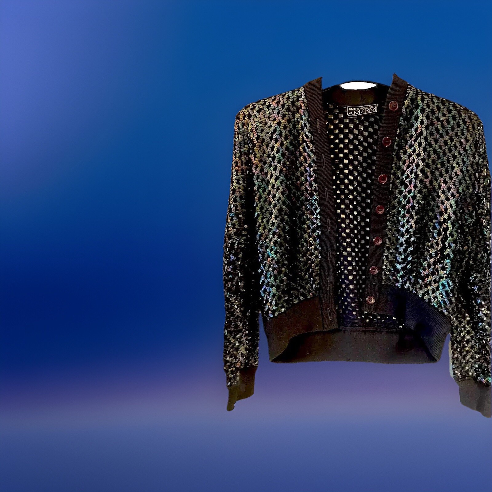 Anthony Muto AM/PM Multi-Sequined ~Sweater Shrug~Blue Button Front Size M/L VTG