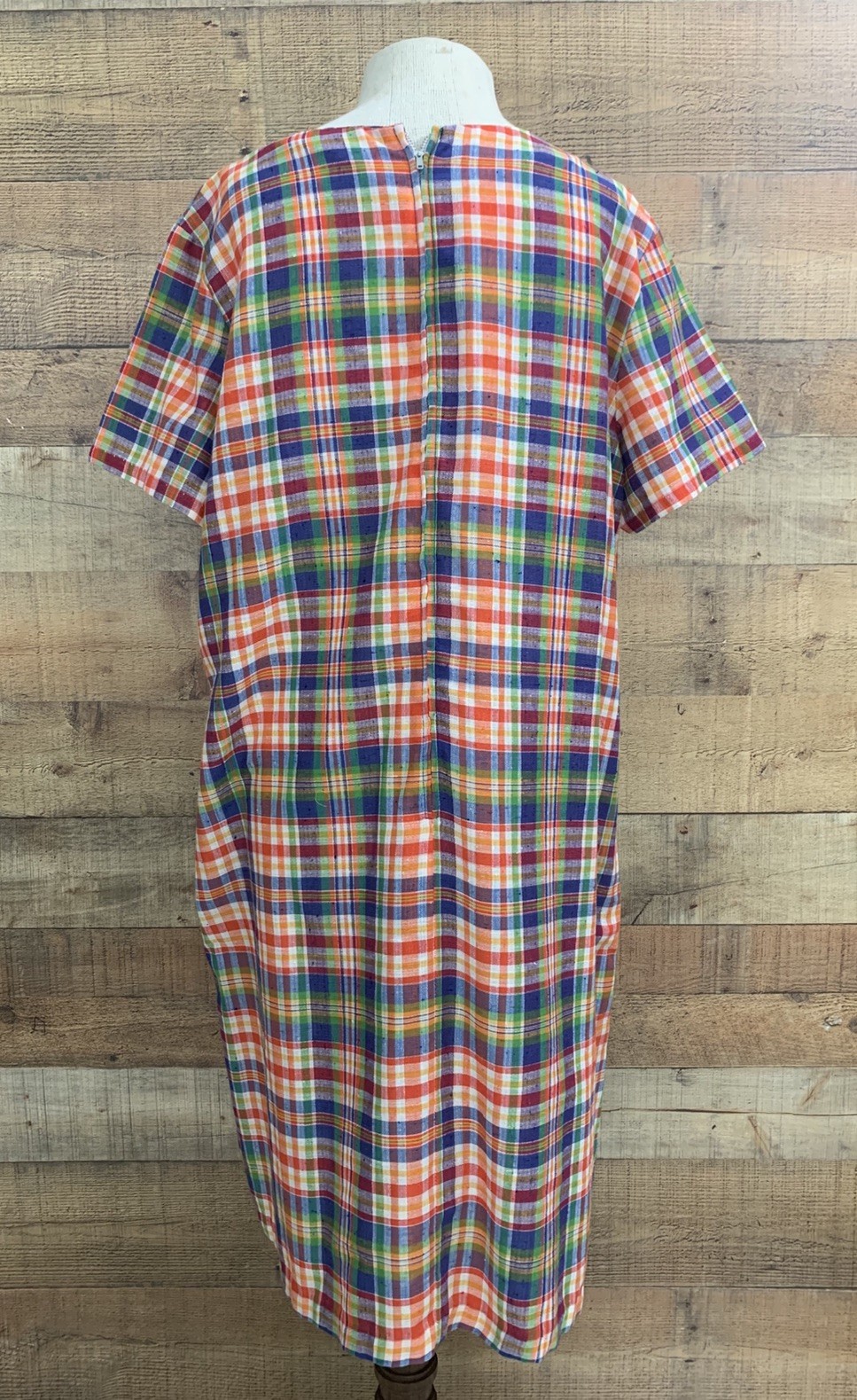 Vintage 1960s Mod Bright Plaid Woven Cotton House Dress 48” Bust /48” Waist