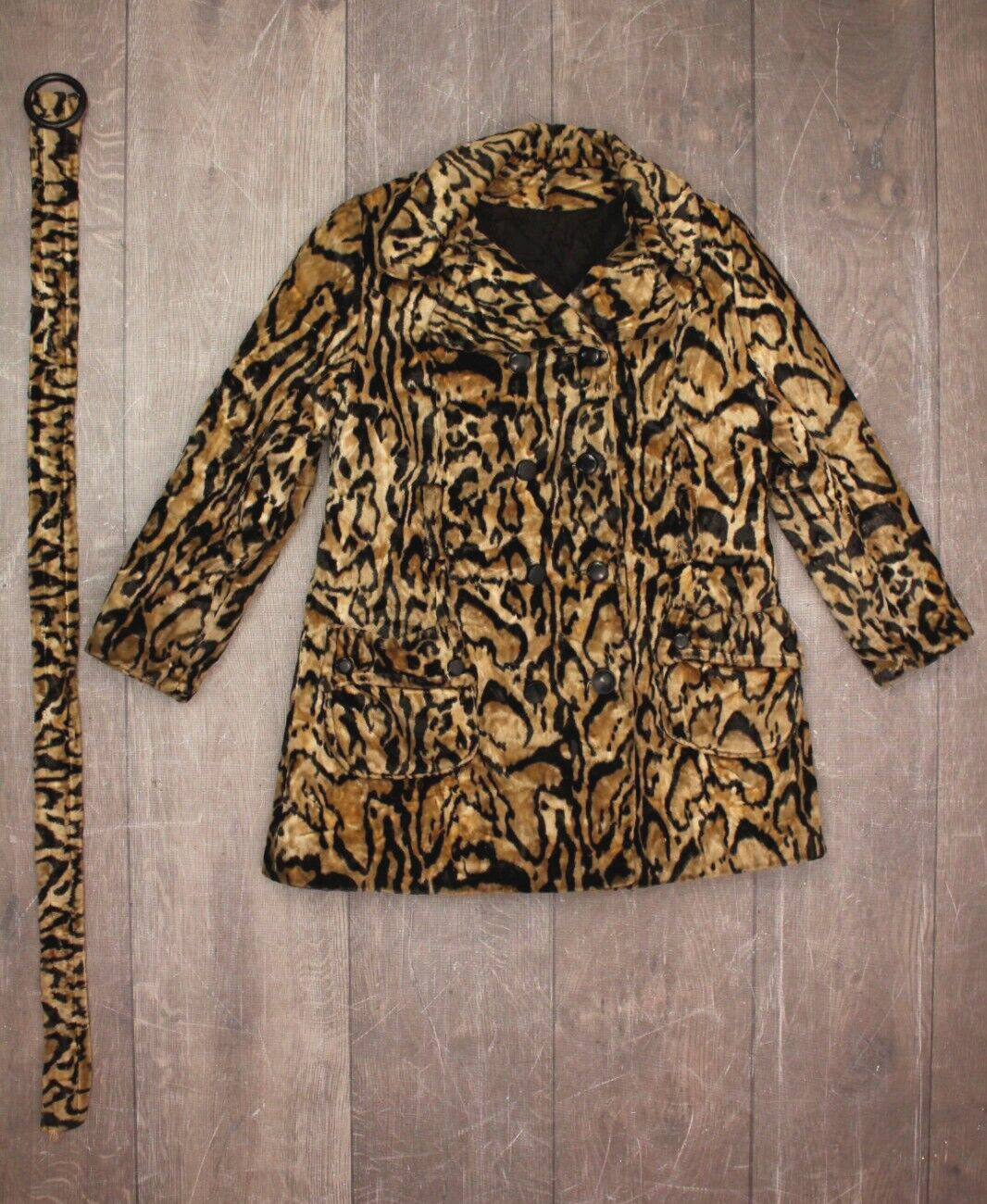 VTG Women’s 60s Jaguar Print Velvet Coat W/ Large Pockets & Belt Sz M/L 1960s
