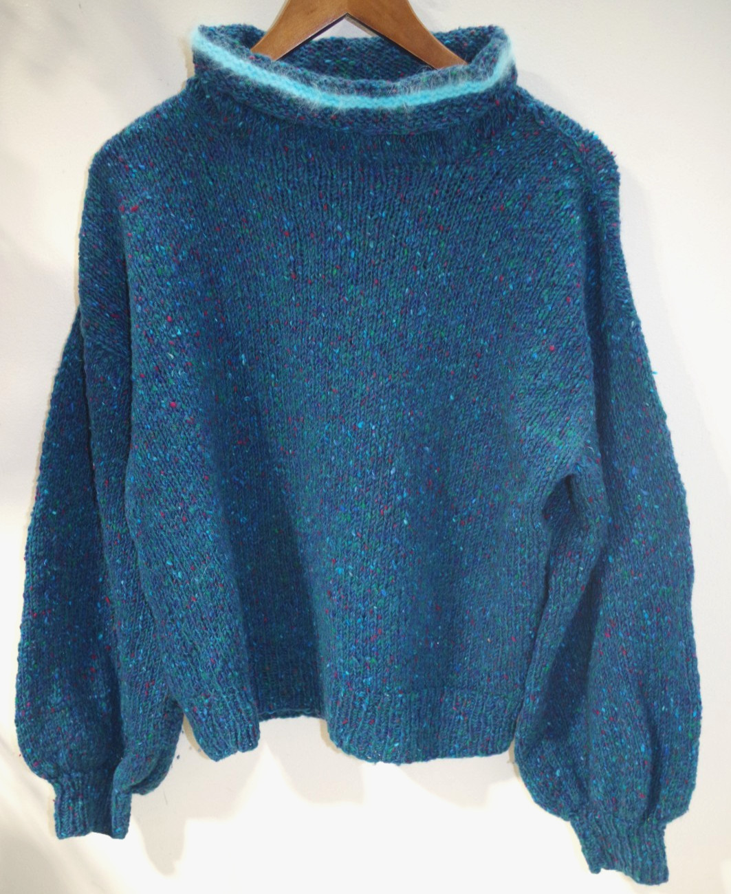 Y1 Vintage Wool Tweed Angora Trim Handknit Sweater Pullover Turquoise Multicolor