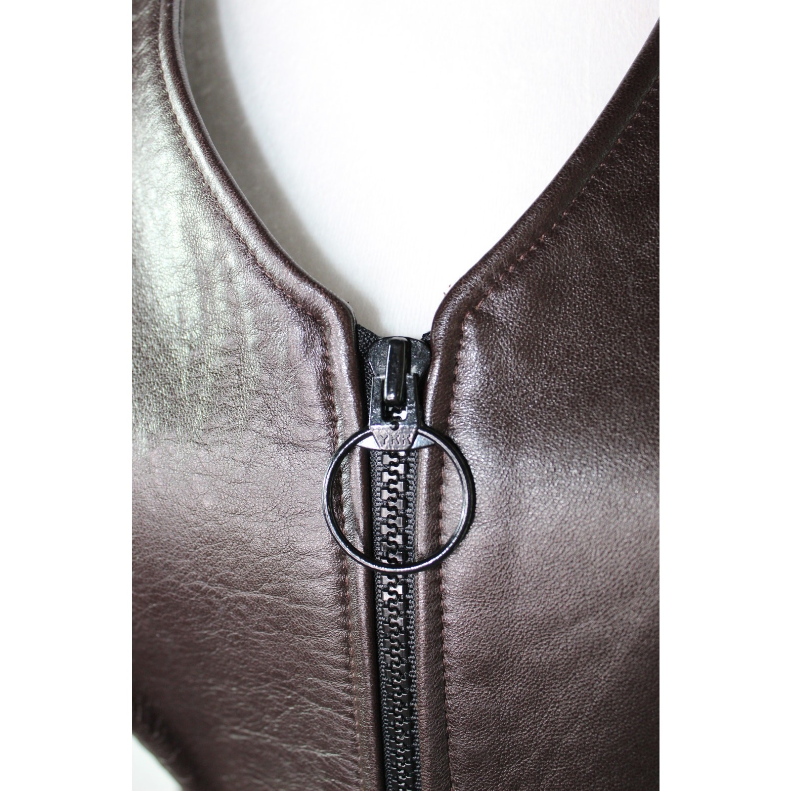 Vintage Nanette Lepore Brown Leather Fitted Vest Top Flattering Black Zipper 10