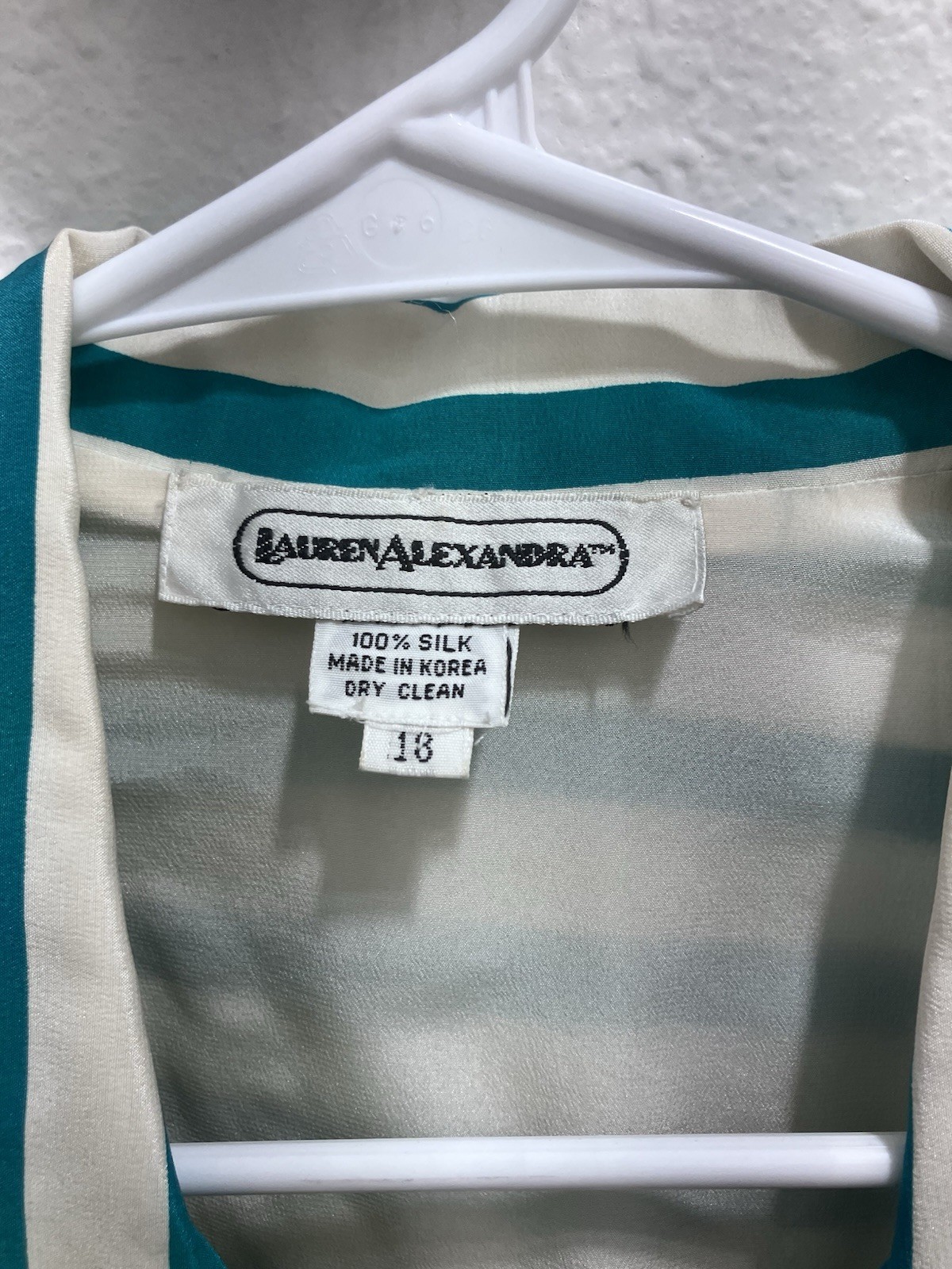 VTG 100% Silk Lauren Alexandra Striped Button-Down Shirt Women’s 18 Aqua & White