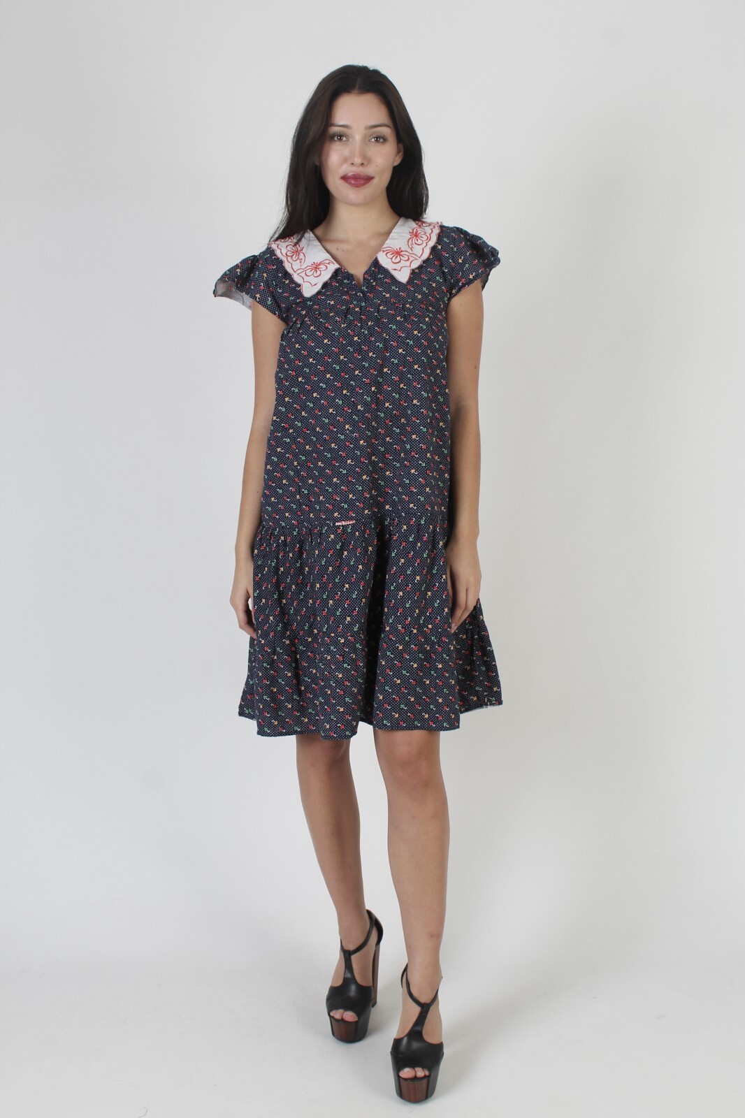 Vtg 70s A Line Novelty Umbrella Print Swiss Polka Dot White Collar Tent Dress