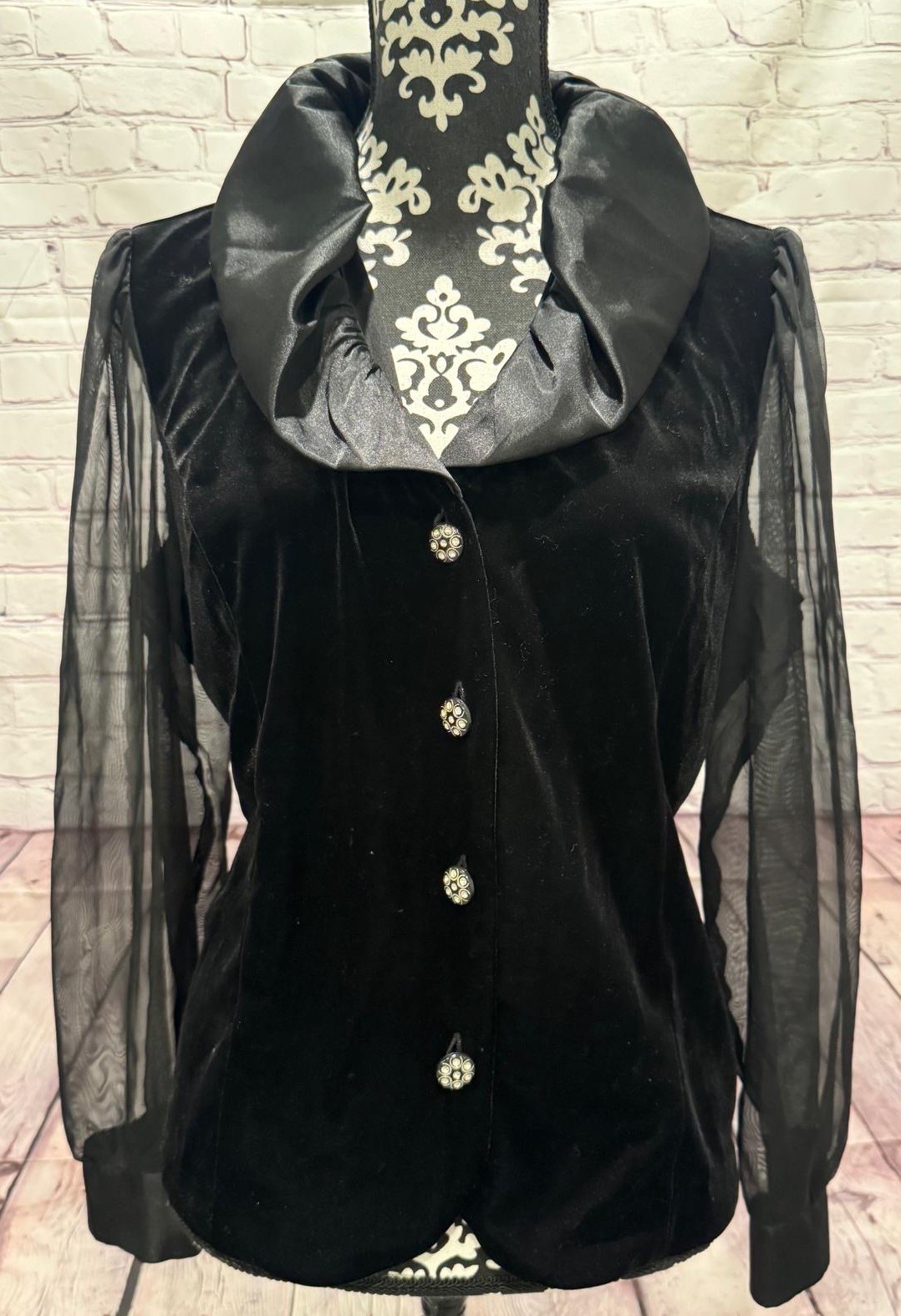 VTG 90’s Dressbarn Black Velvet Buttons Up Sheer Sleeves Satin Collar Jacket XL