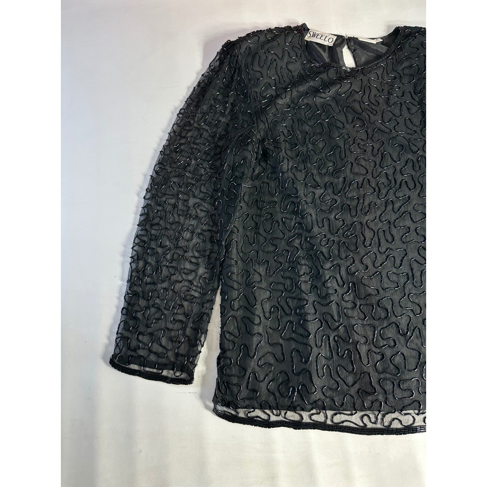 Sweelo Vintage Black Beaded Silk Top Sheer Long Sleeve Evening Blouse Small 6-8