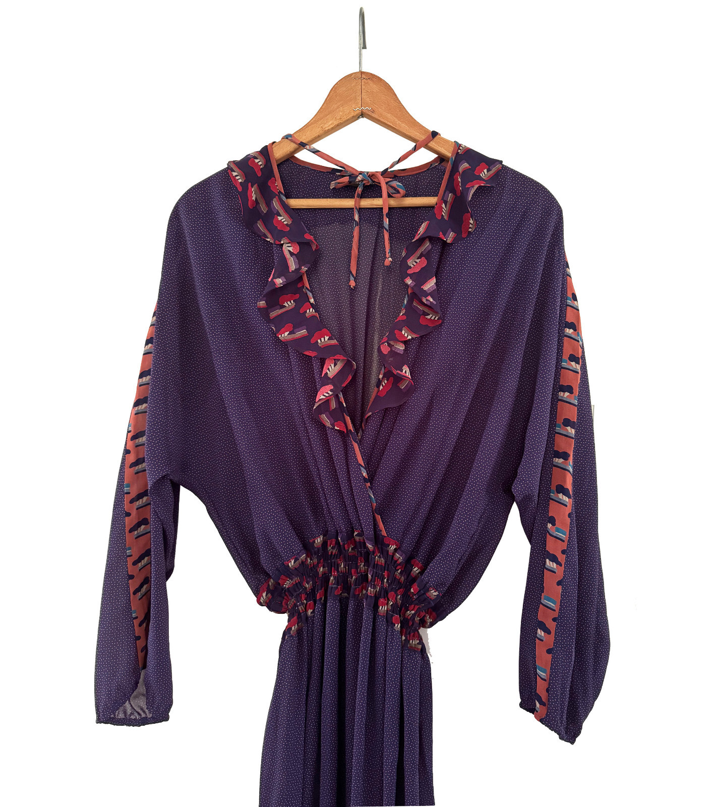 DIANE FREIS Vintage Blouson Dress Georgette Faux Wrap Prints Ruffle Accents O/S