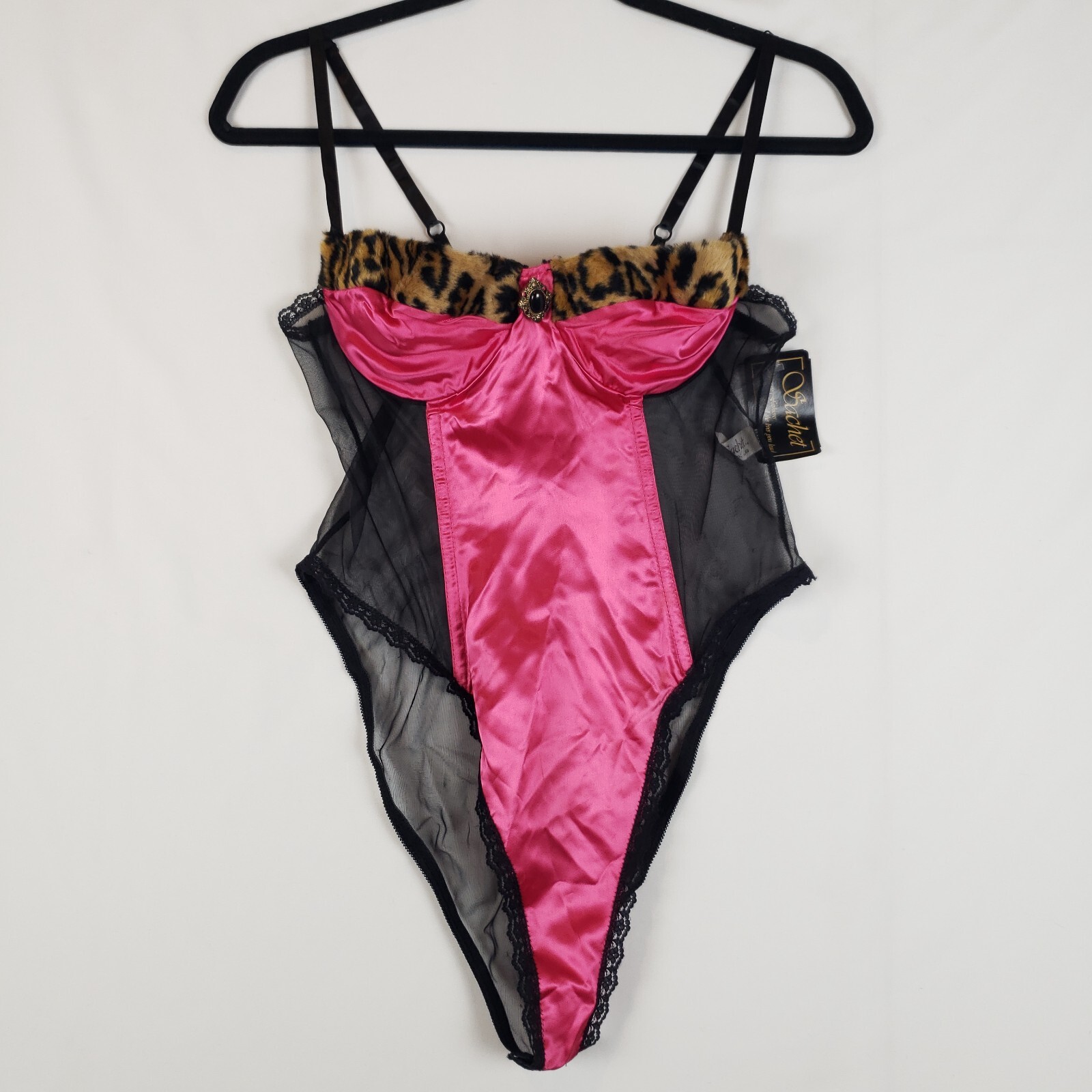 Vintage Sachet Satin Teddy Womens Medium Lingerie Faux Fur Trim Hi-Cut NOS