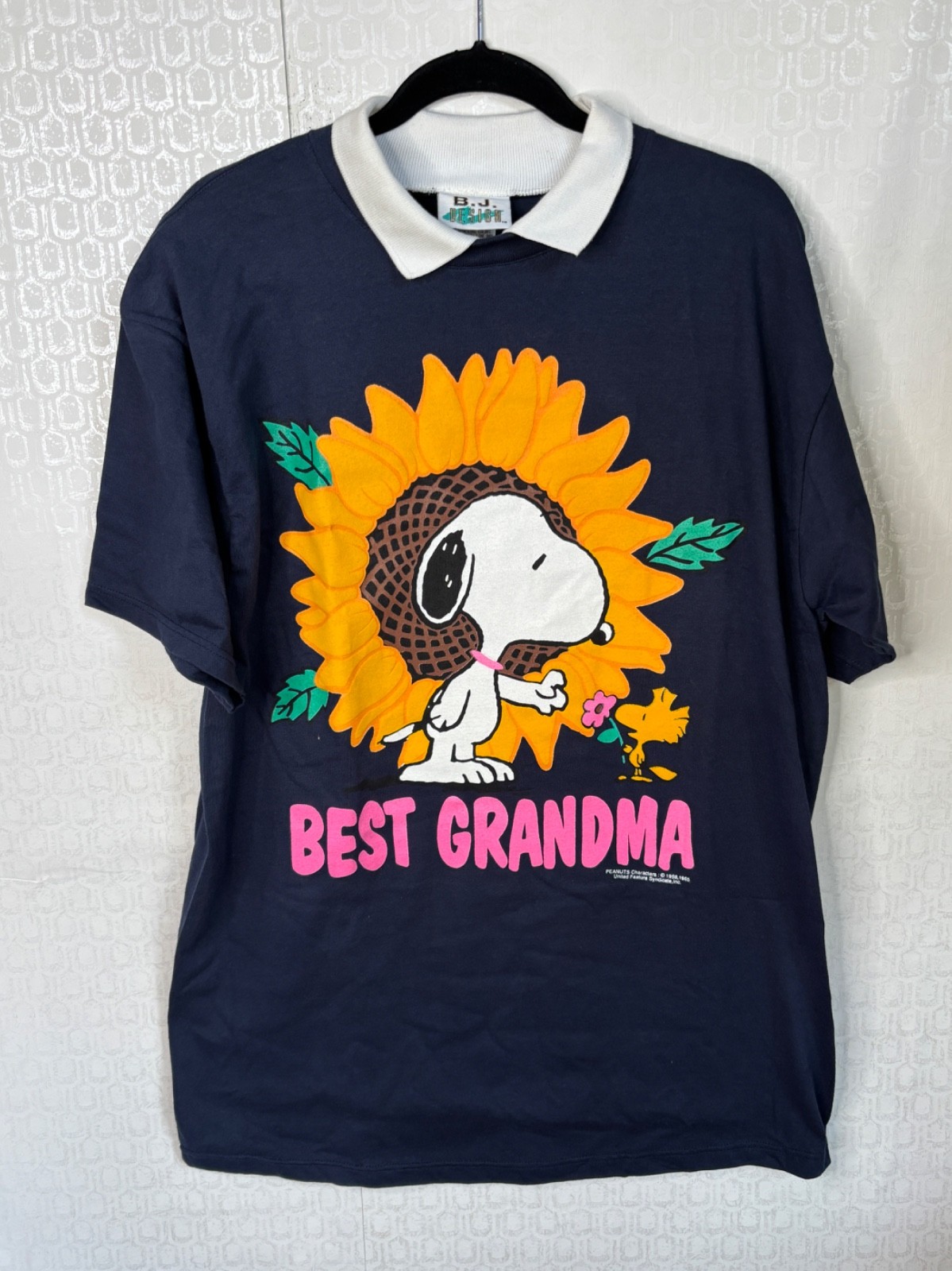 NOS VTG 90’S BJ DESIGN SNOOPY BEST GRANDMA SUNFLOWER COLLARED TEE SHIRT*L/XL