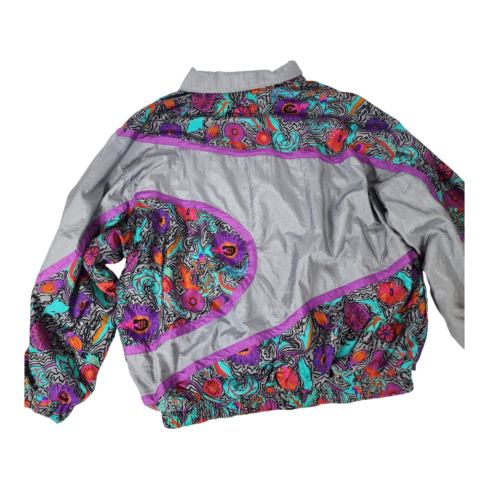 Adolfo Sport Vintage 90s Retro Windbreaker Jacket Silver Floral Abstract Zip M