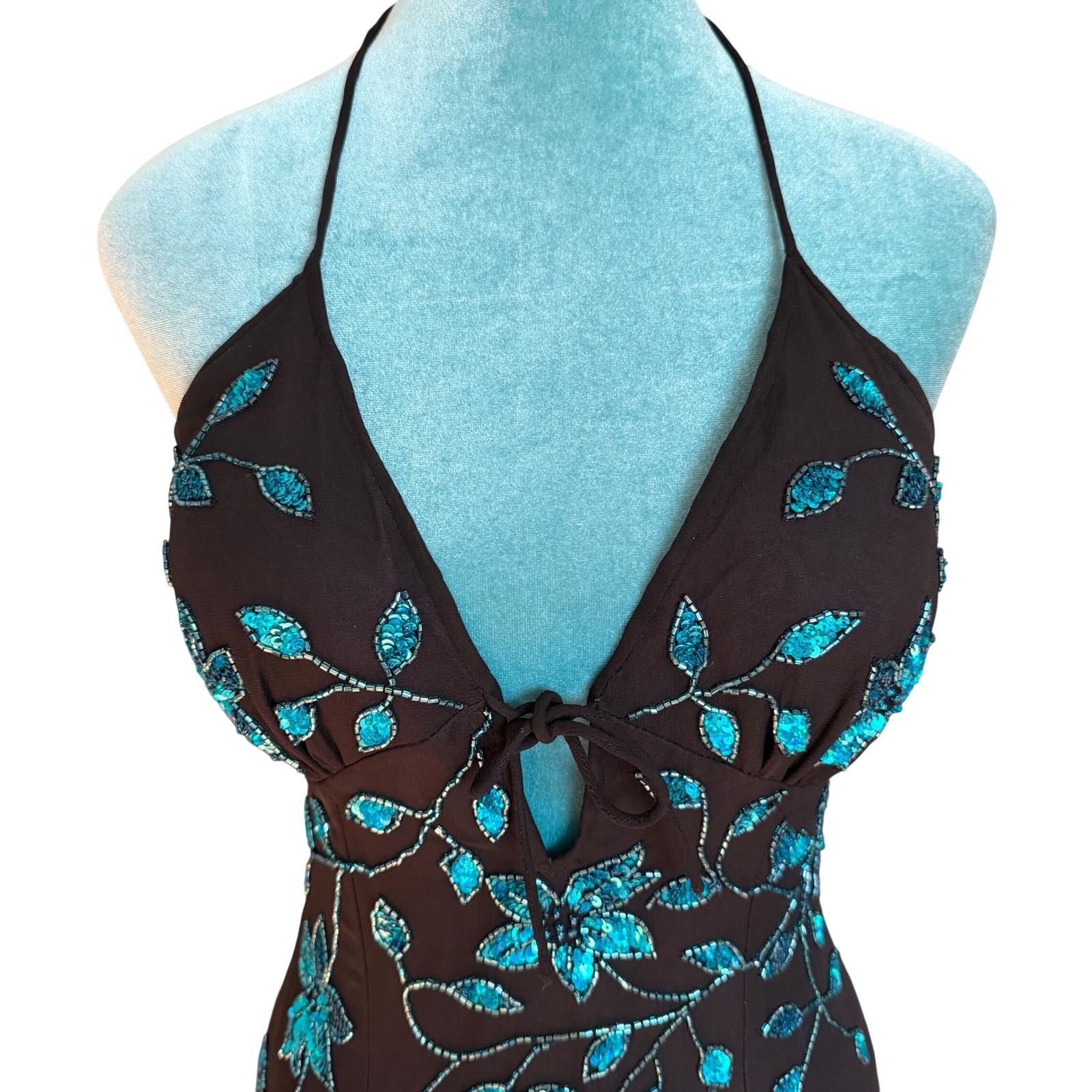 Cache Womens Silk Halter Maxi Black Teal Sequin Beaded Prom Fairy