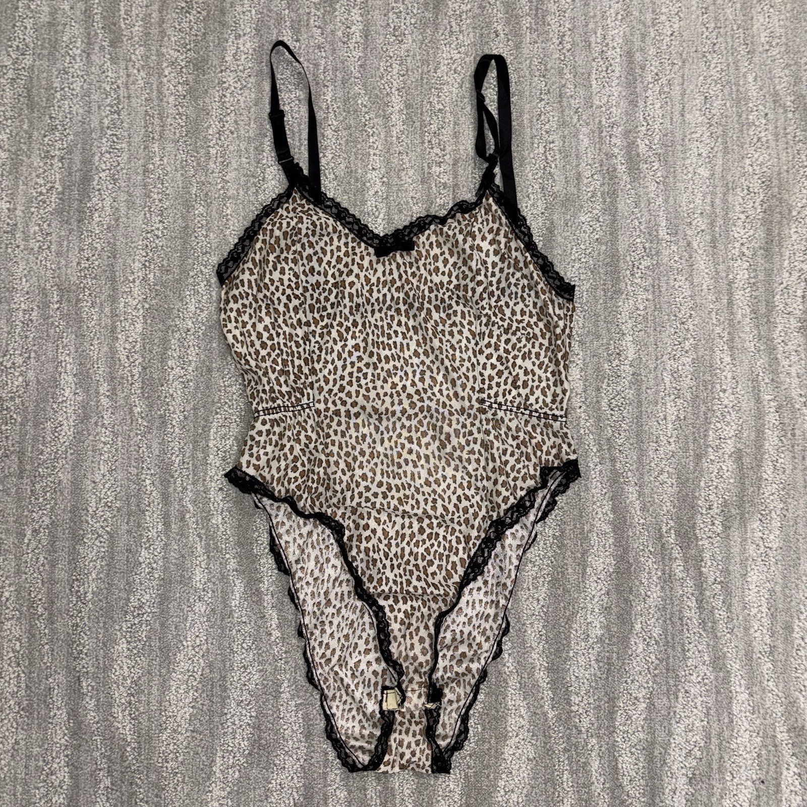VTG 80s KIKI Cheetah Print Bodysuit Black Lace Trim Chippendales Women’s Sz S