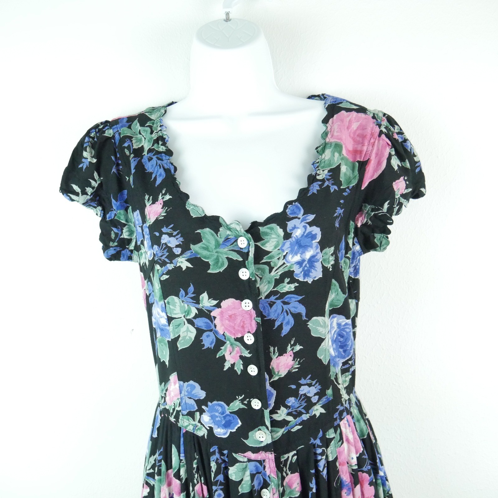 Vintage 80s Garden Party Floral Midi Dress Tie Waist Cottagecore Small 8 Tea
