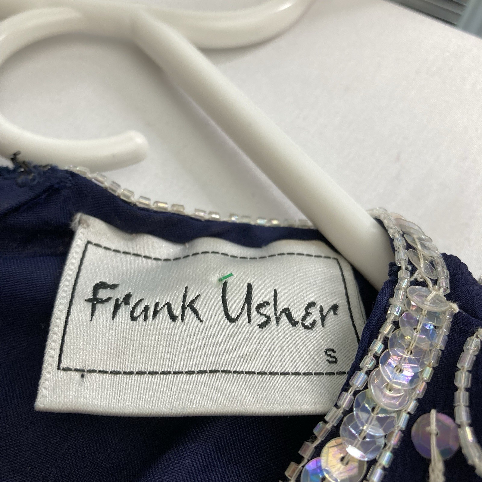 VTG 80s Frank Usher Navy 100% Silk Beaded Top Sz S Silver Sequin Evening Blouse