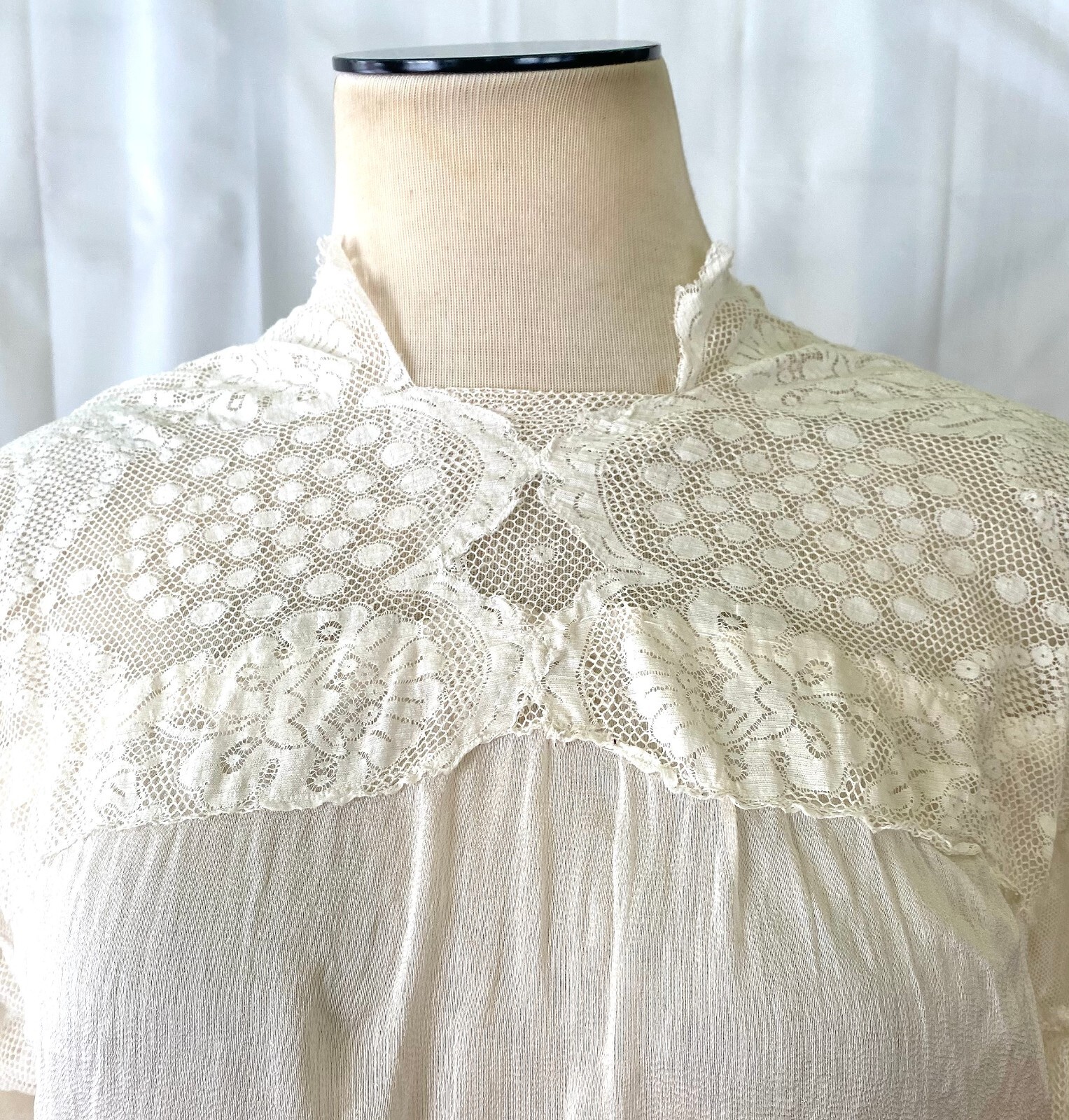 Antique Edwardian Blouse White Cotton Lace Mesh Netting L XL 40 Bust