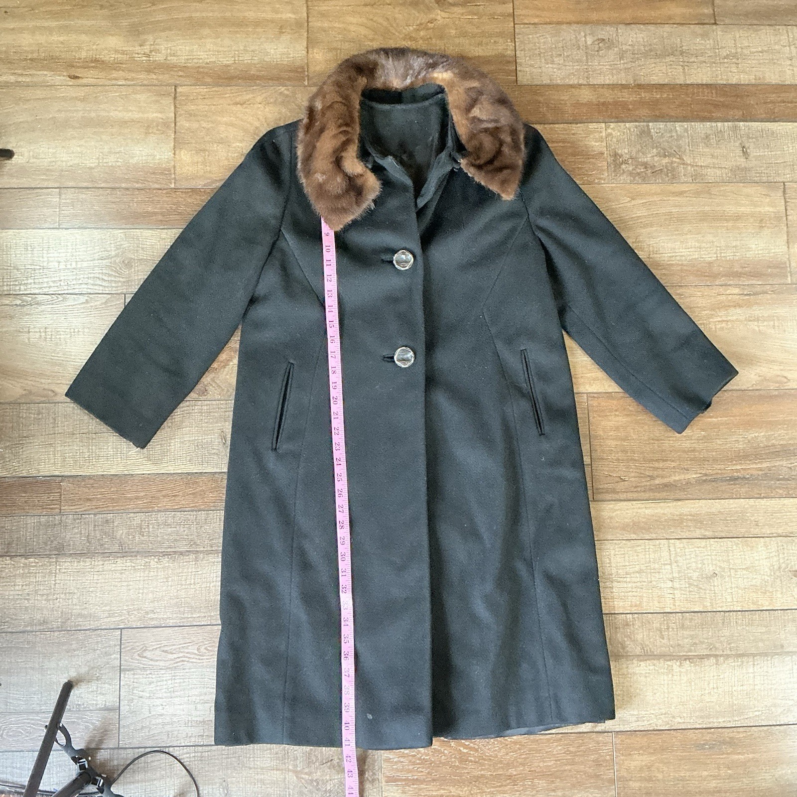 60s VTG Betty Rose Wool Coat Womens Sz L Black Fur Collar USA Made Mod Go #81118