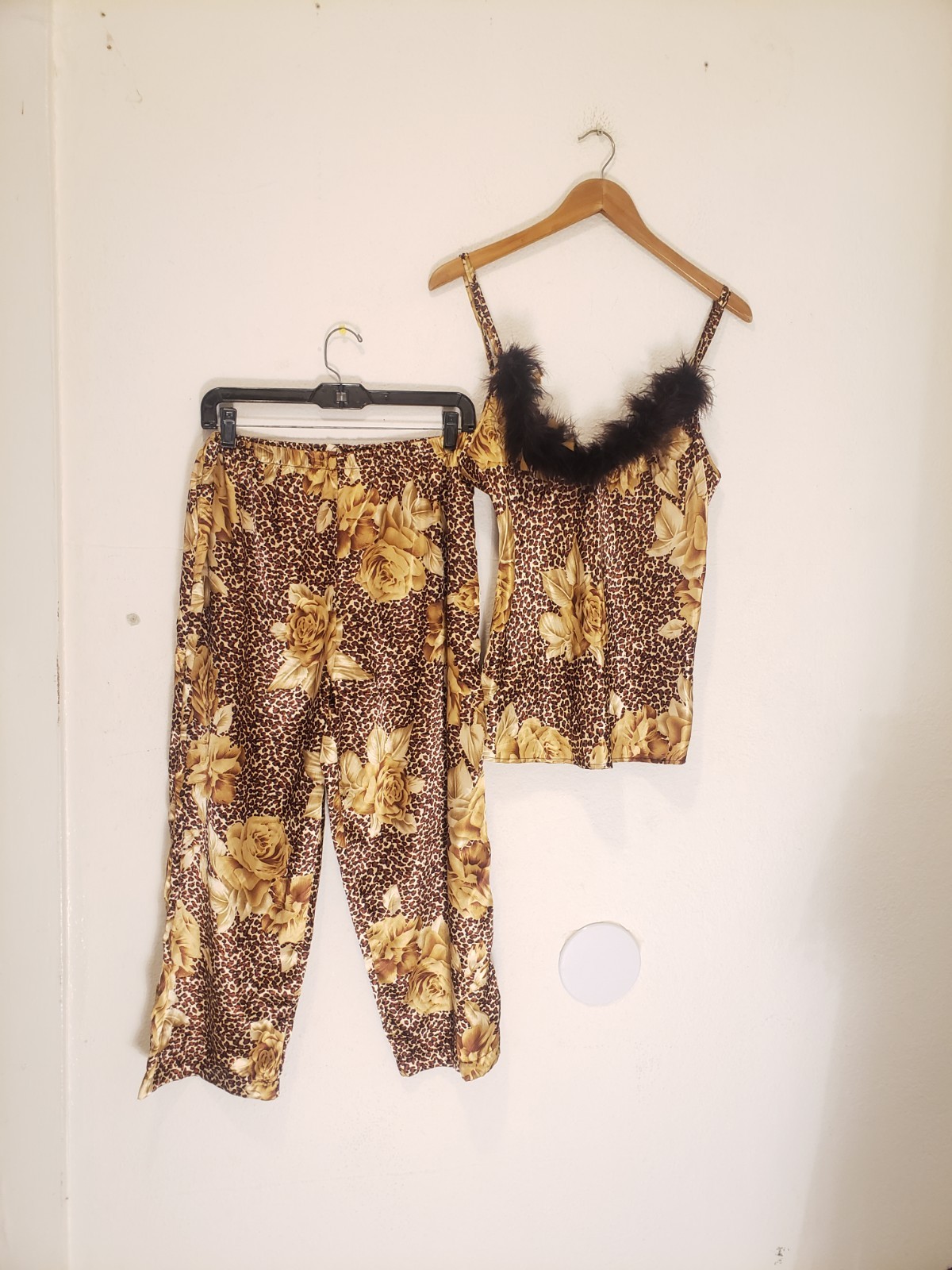 Vtg 90s Je Tadore Satin Pajama Set L top Pants Feather Trim Floral Animal Print