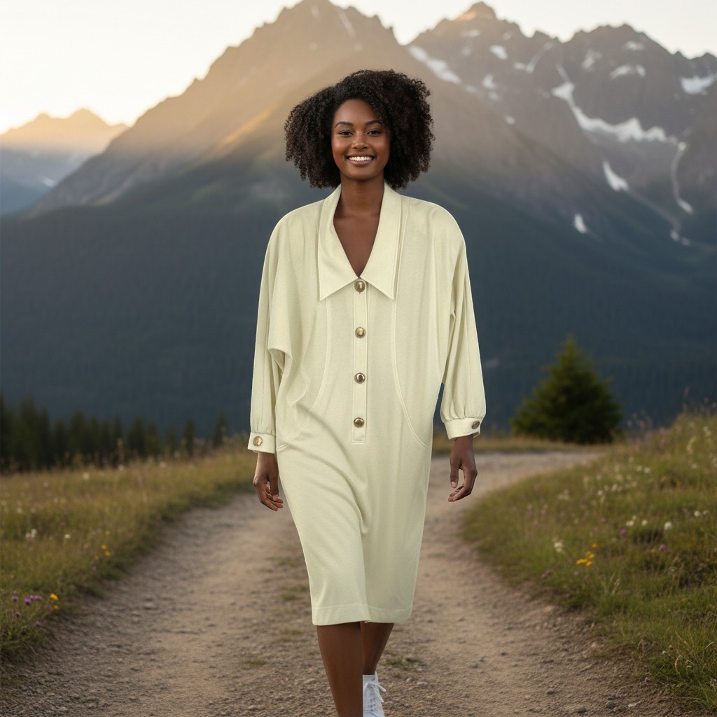 Caron Chicago Dress Womens 16 Cream Gold Button Mod Vintage 80s Minimalist Chic
