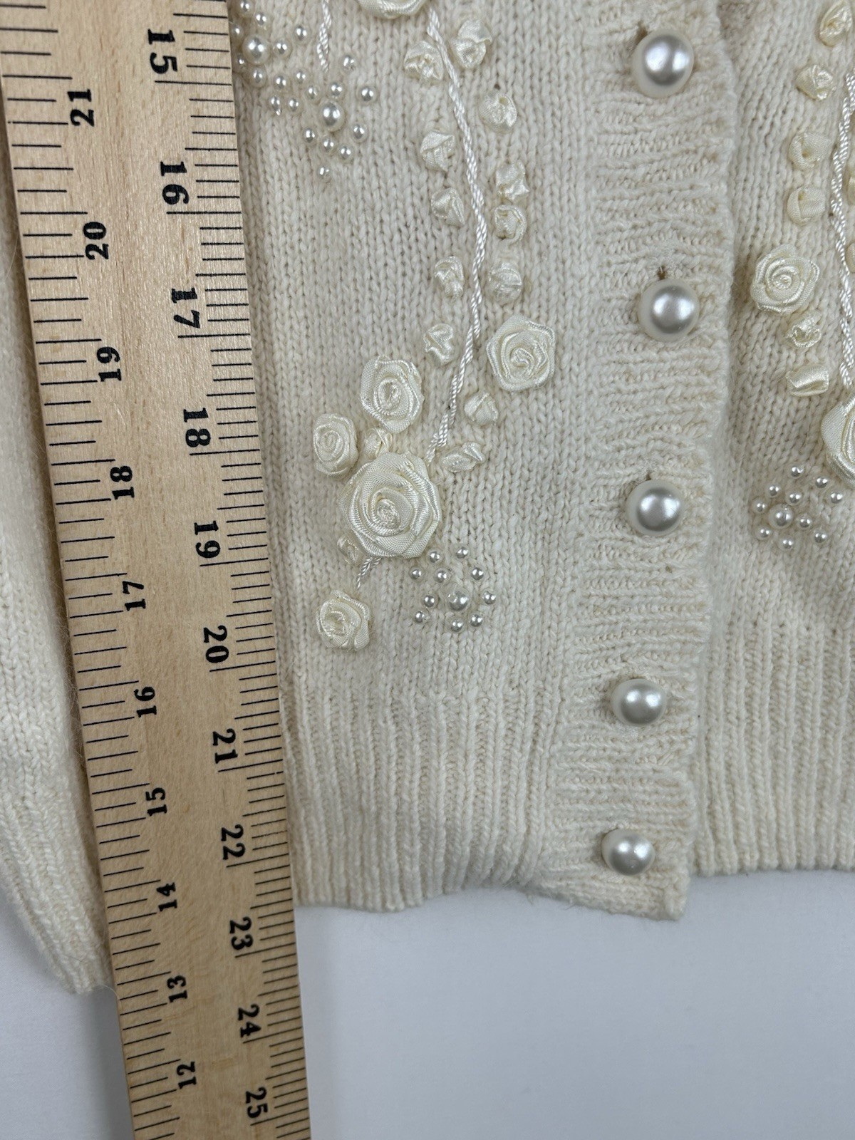 Vtg De Rotchild Sz M Silk Hand-Beaded Cardigan 1960s Faux Pearl Buttons Angora