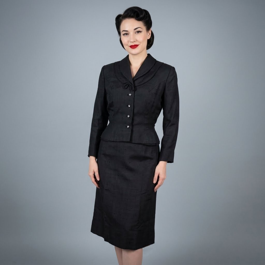 40s Dress Suit Set Jacket S M Vintage Black Dupioni Silk 1940s 50s Jameshire