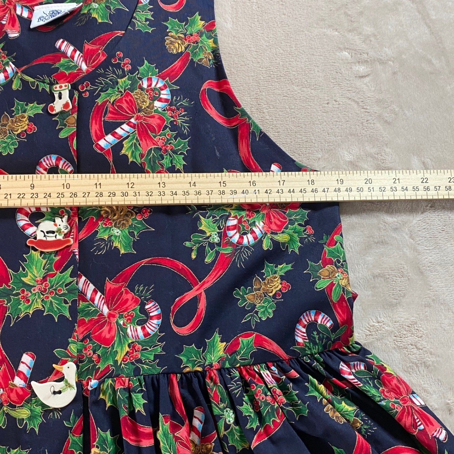 Vintage Dogwood Lane Christmas Dress Womens Medium Navy Blue Novelty Button Midi