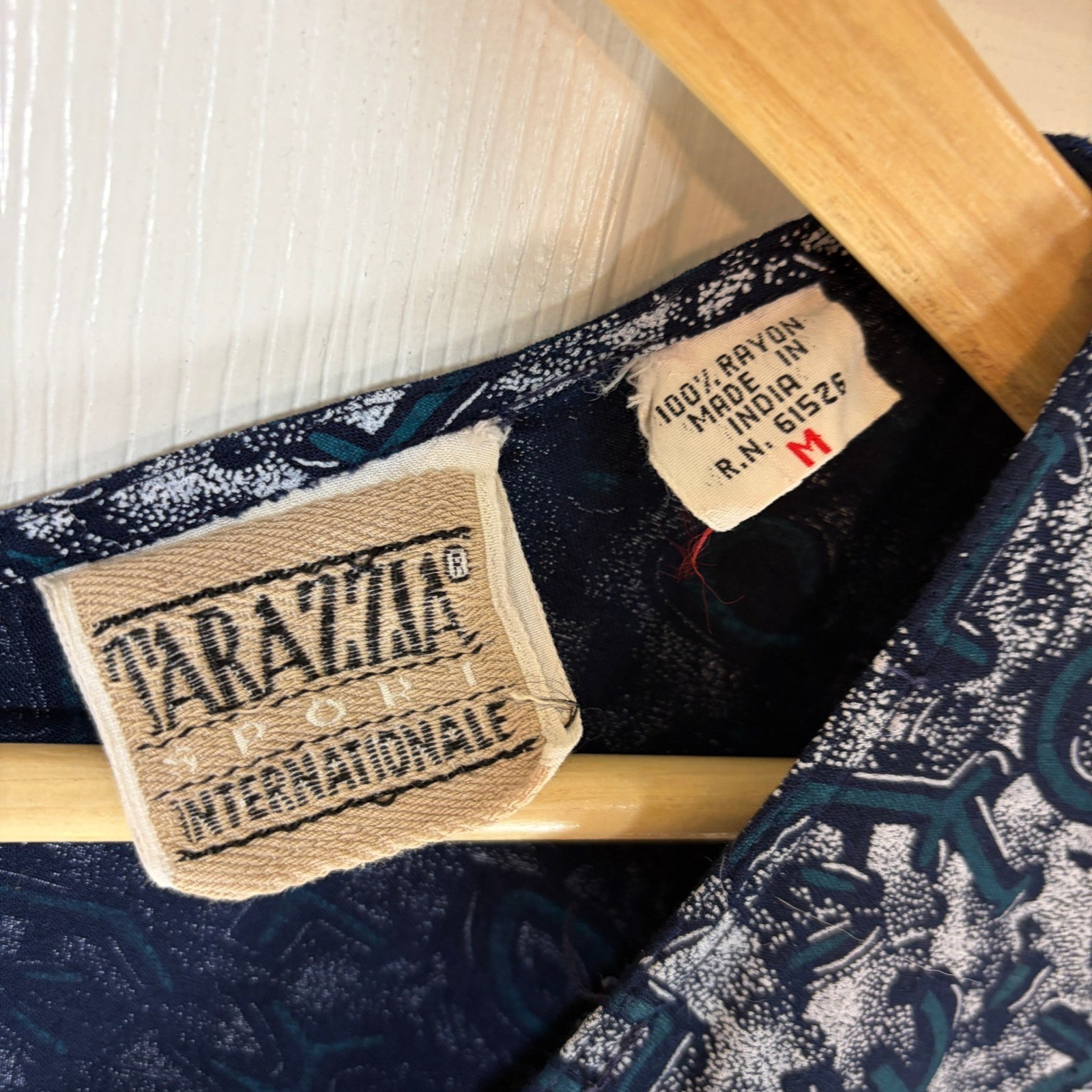 Tarazzia Sport Vintage Rayon Abstract Print Drop Waist Pocket Dress Navy Teal M
