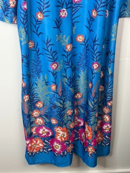 Vintage Elaine Skylar Blue Floral Long Caftan Lounger Half Zip Robe Mumu Dress L