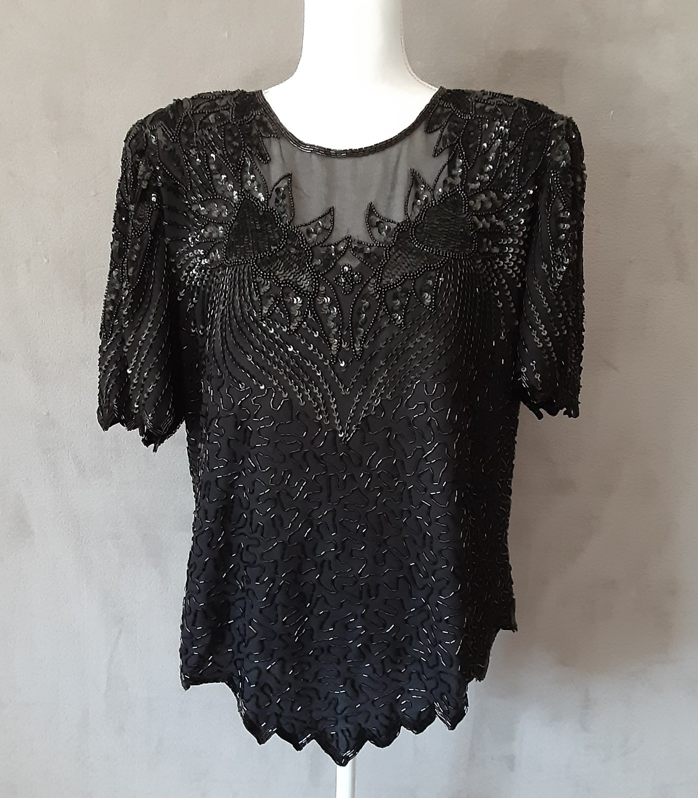Laurence Kazar Black Beaded Formal V’ed Hem Top 1X (RUNS Small) New Vintage