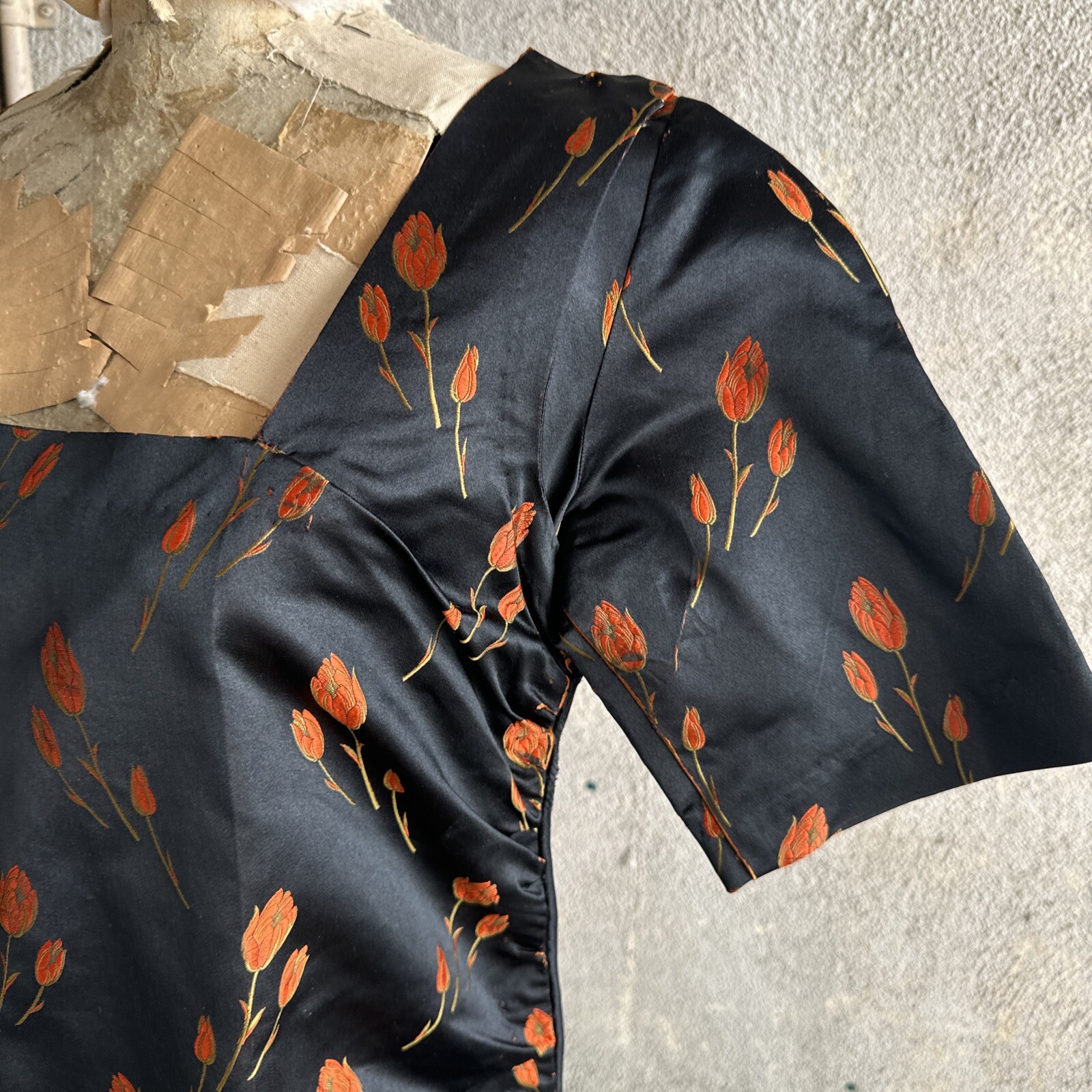 Antique 1920s Orange Tulip Silk Brocade Dress 1890s Fabric Full Length Vintage