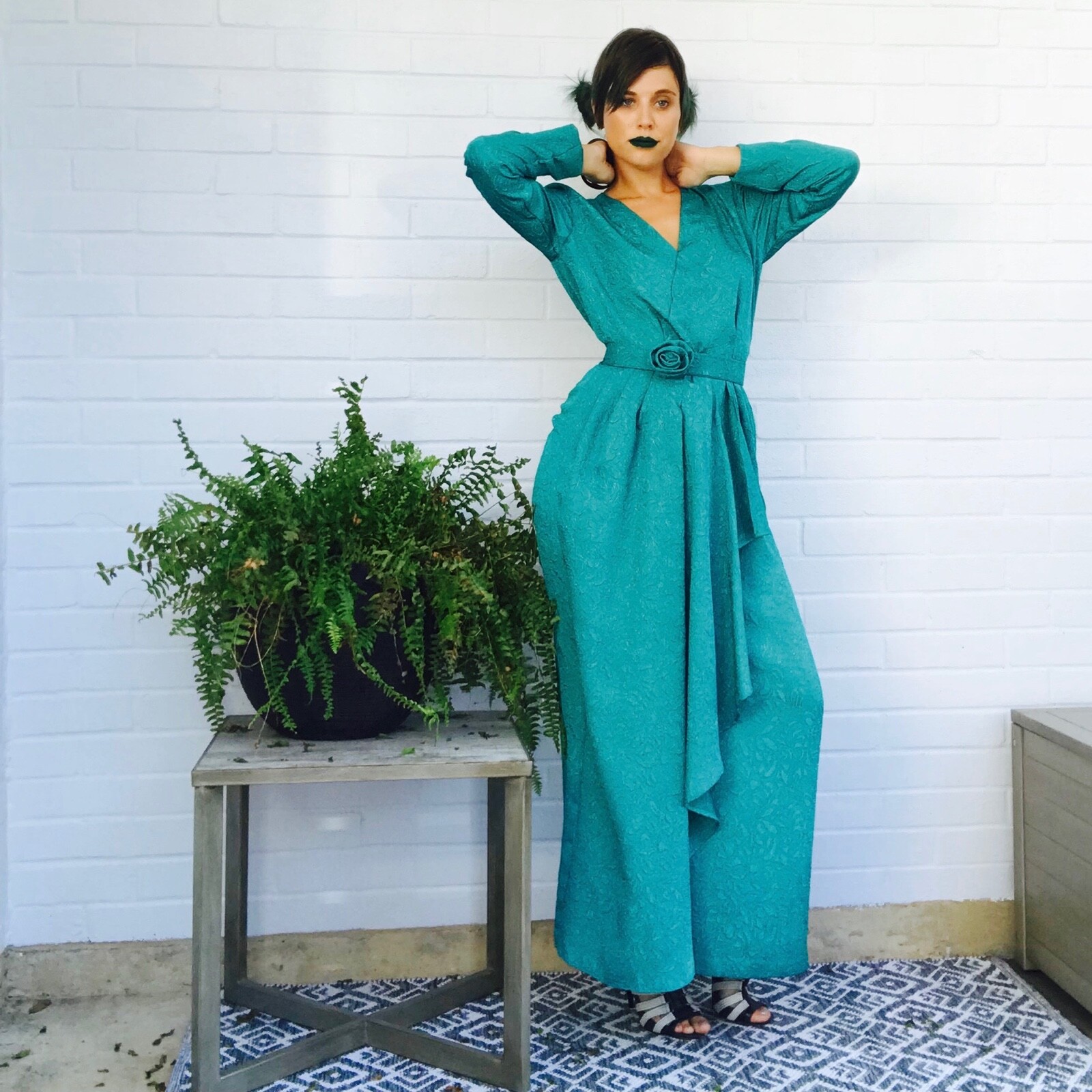 Vintage 80s Dress XS/S Jade Green Draped Silk Belted Wrap Maxi Gown