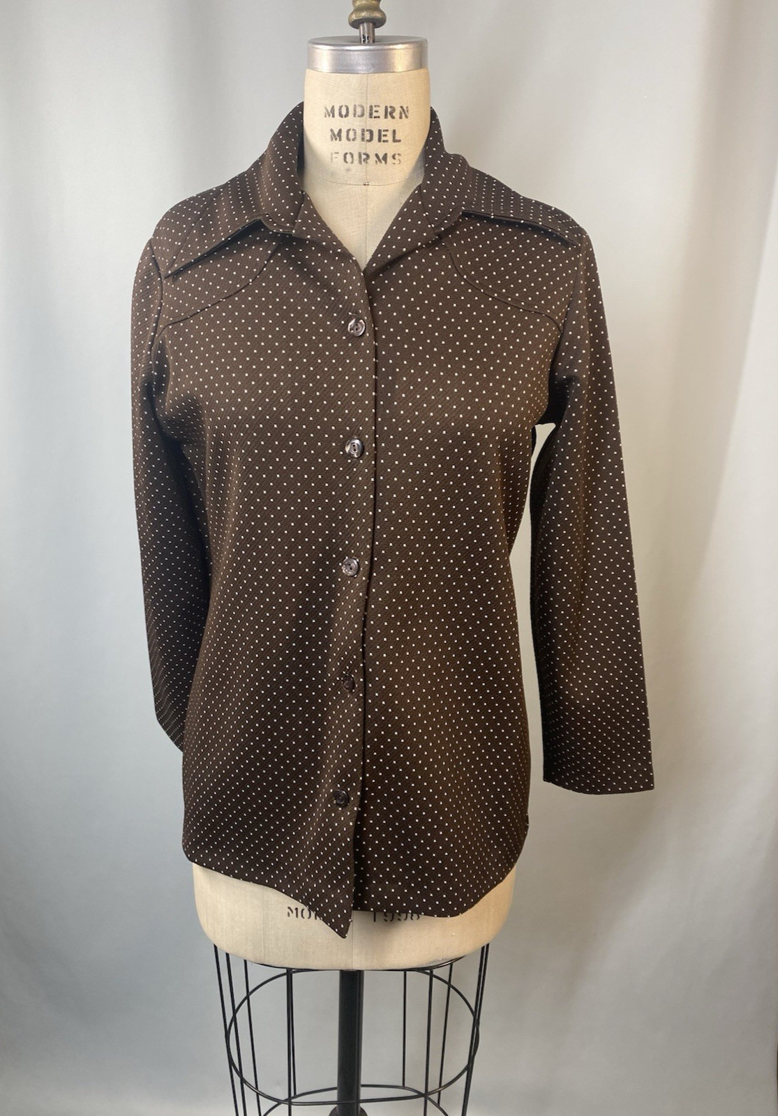 Women’s Vintage Top SIZE LARGE 14 brown polka dot yoke 60s 70s point collar