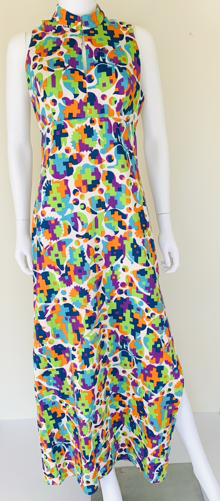Vintage 1960s Retro MOD Geometric Print Cut Out Back Maxi Dress M/L